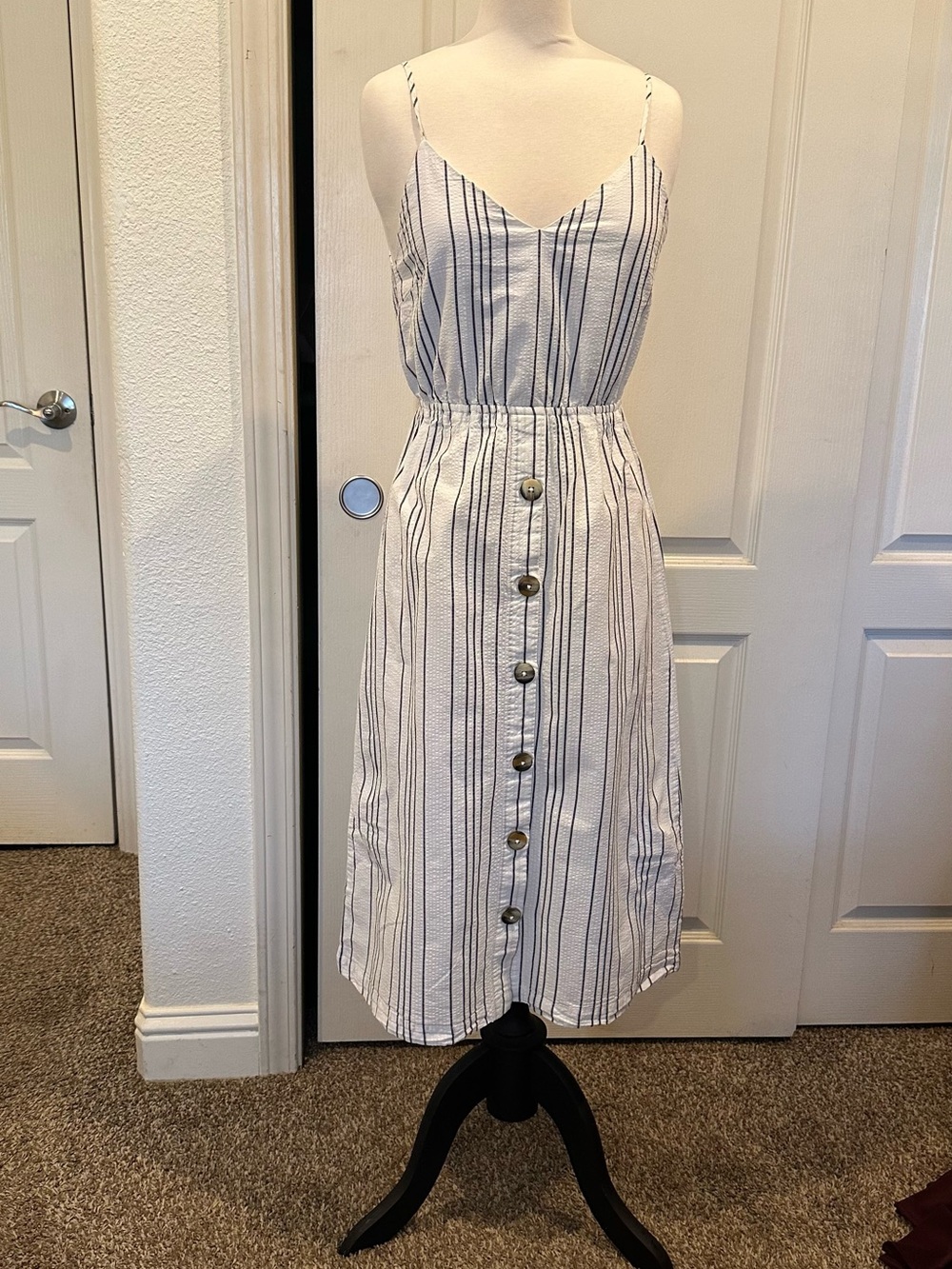 Striped Spaghetti-Strap Midi Dress in White and Navy